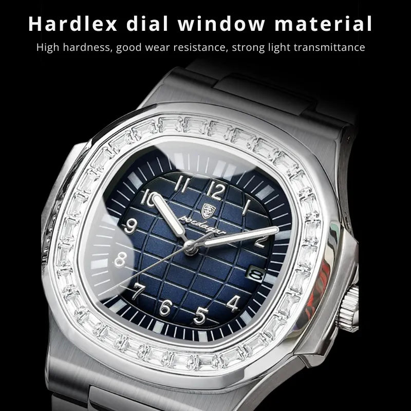Silver square watch with blue dial and full calendar by POEDAGAR
