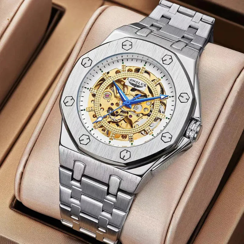 LONGLUX silver automatic skeleton watch with white transparent dial