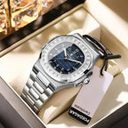 Silver square watch with blue dial and full calendar by POEDAGAR