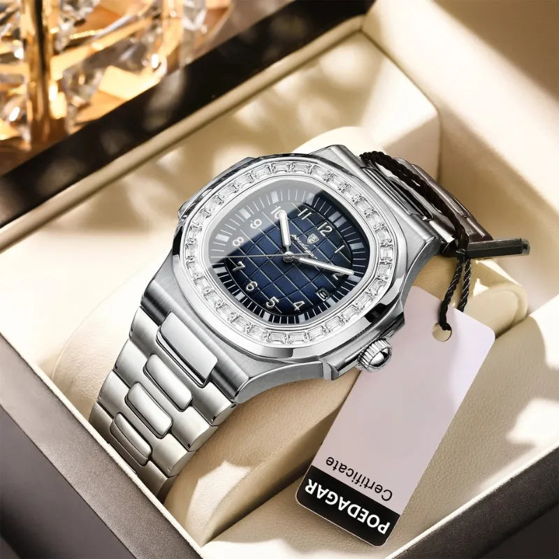 Silver square watch with blue dial and full calendar by POEDAGAR