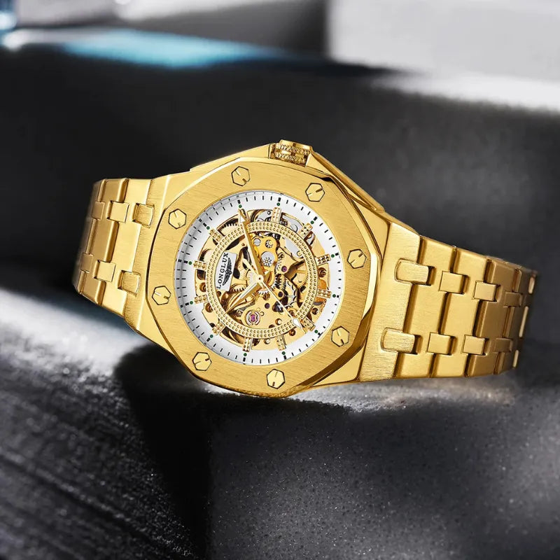 Gold LONGLUX self-winding men’s watch with full skeleton design