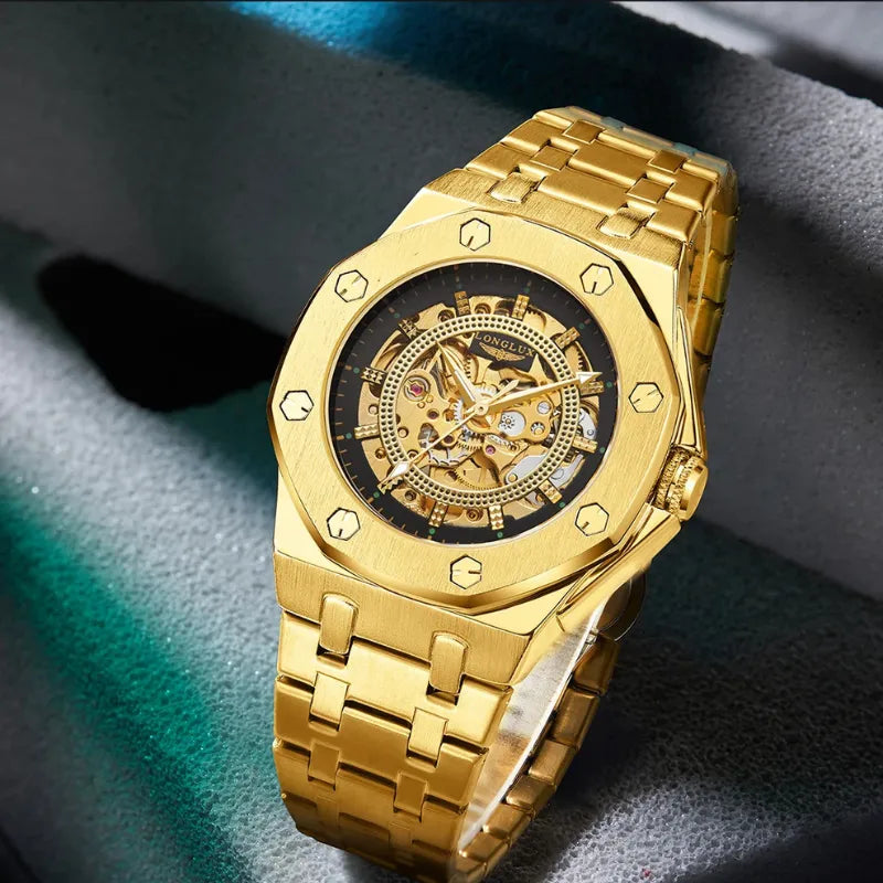 Gold LONGLUX self-winding men’s watch with full skeleton design
