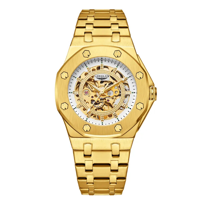 Gold LONGLUX self-winding men’s watch with full skeleton design