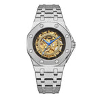 LONGLUX silver automatic skeleton watch with white transparent dial