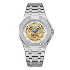 LONGLUX silver automatic skeleton watch with white transparent dial