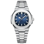 POEDAGAR stainless steel men’s watch with blue dial and date window