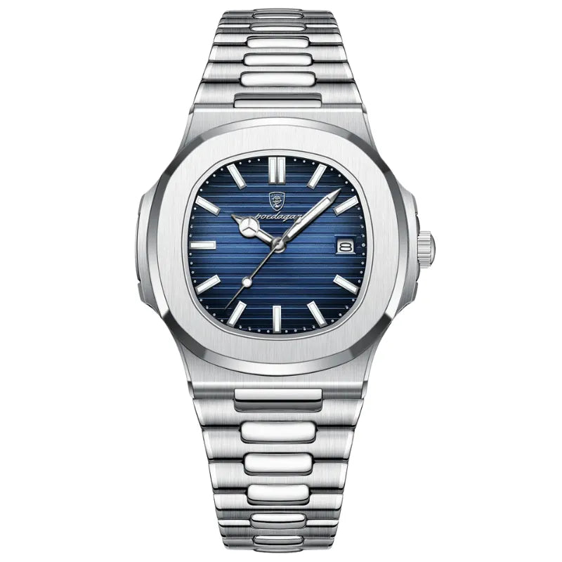 POEDAGAR stainless steel men’s watch with blue dial and date window