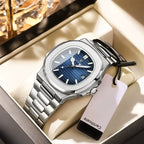 POEDAGAR stainless steel men’s watch with blue dial and date window