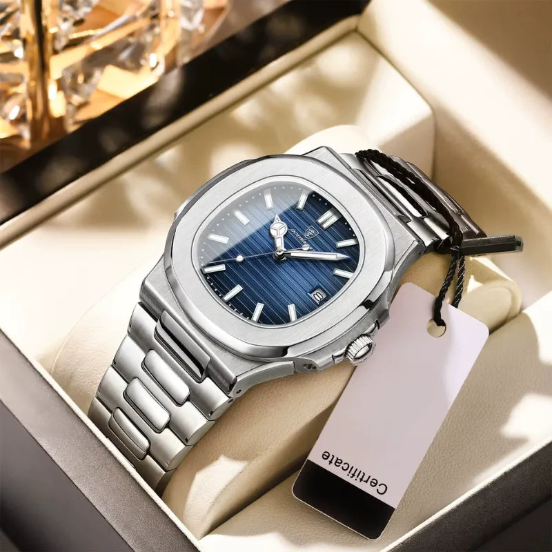 POEDAGAR stainless steel men’s watch with blue dial and date window