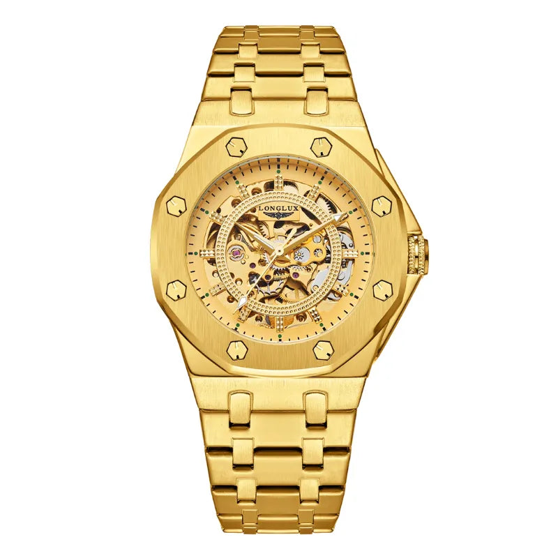 Gold LONGLUX self-winding men’s watch with full skeleton design