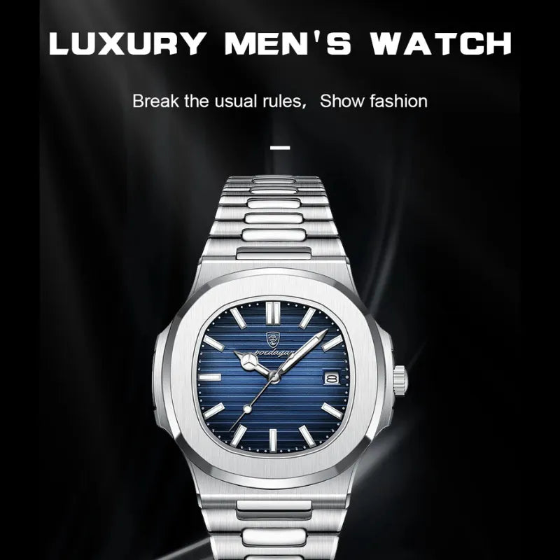 POEDAGAR stainless steel men’s watch with blue dial and date window