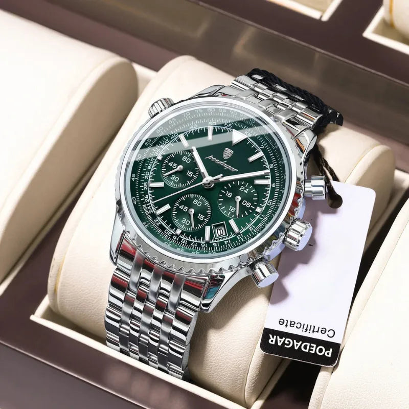 POEDAGAR men's silver chronograph watch with deep blue dial, stainless steel bracelet and luminous markers