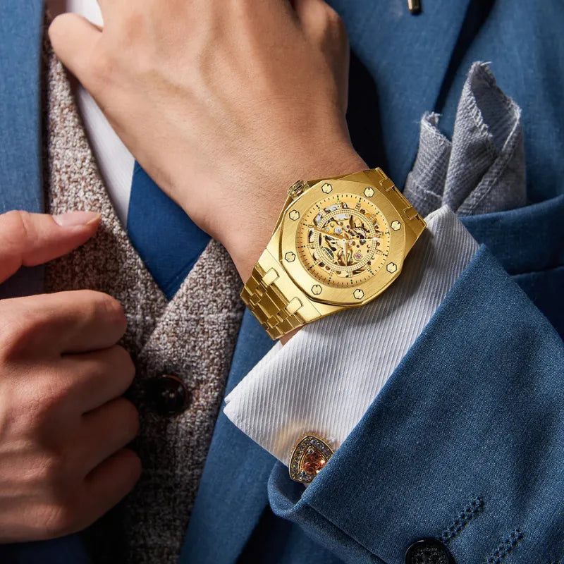 Gold LONGLUX self-winding men’s watch with full skeleton design