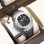 POEDAGAR formal watch with white dial and black leather band
