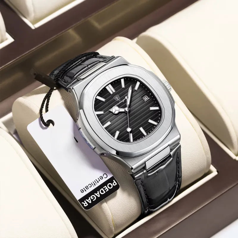 POEDAGAR formal watch with white dial and black leather band