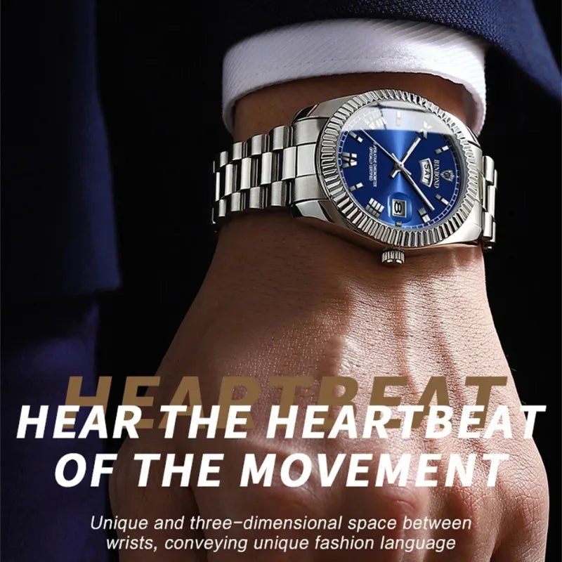 Stainless steel BINBOND watch with blue face and luminous hands