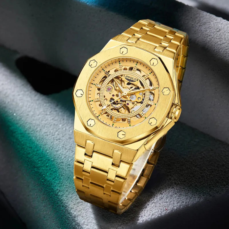 Gold LONGLUX self-winding men’s watch with full skeleton design