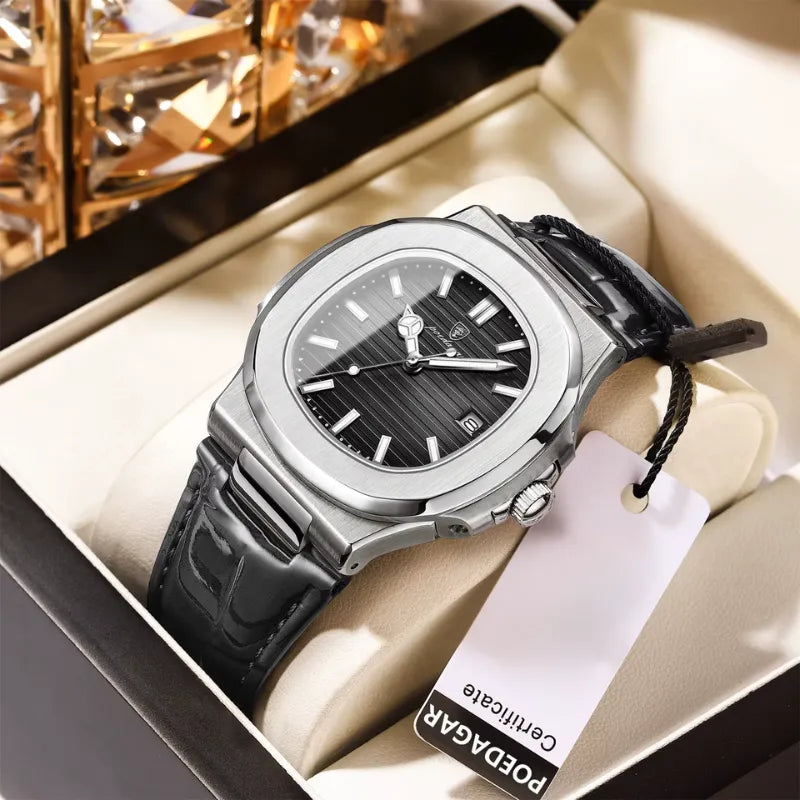 POEDAGAR formal watch with white dial and black leather band