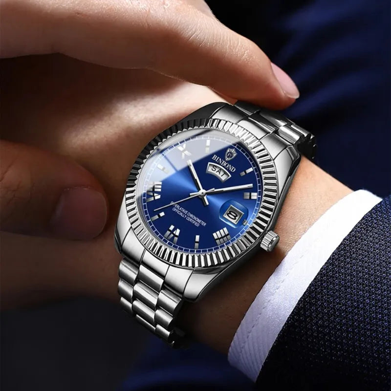 Stainless steel BINBOND watch with blue face and luminous hands