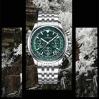 POEDAGAR men's silver chronograph watch with deep blue dial, stainless steel bracelet and luminous markers