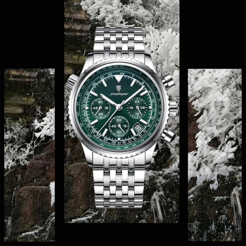 POEDAGAR men's silver chronograph watch with deep blue dial, stainless steel bracelet and luminous markers