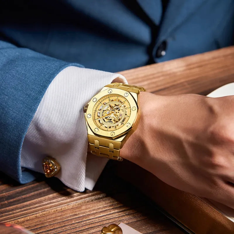 Gold LONGLUX self-winding men’s watch with full skeleton design