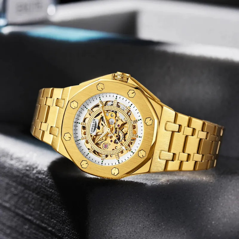 Gold LONGLUX self-winding men’s watch with full skeleton design