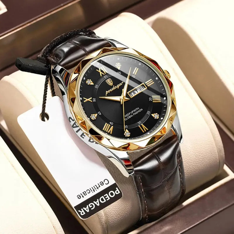 POEDAGAR luxury leather watch with black dial and gold accents