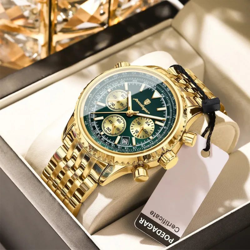 POEDAGAR luxury men's chronograph watch with green dial, gold stainless steel strap and luminous hands

