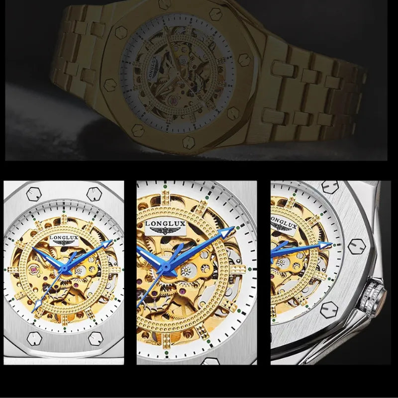 Gold LONGLUX self-winding men’s watch with full skeleton design