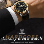 POEDAGAR luxury leather watch with black dial and gold accents
