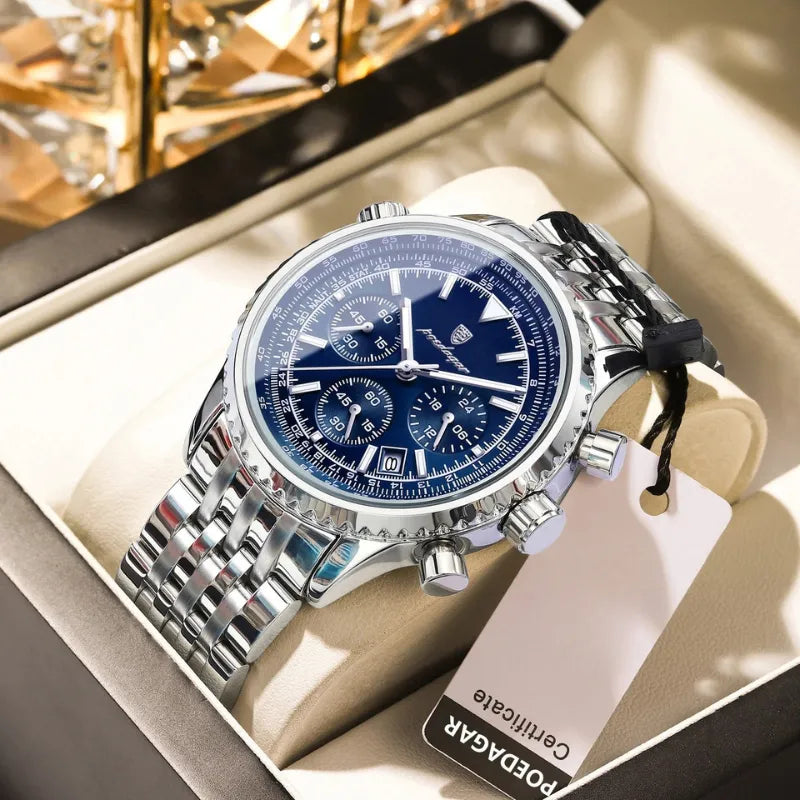 POEDAGAR men's silver chronograph watch with deep blue dial, stainless steel bracelet and luminous markers

