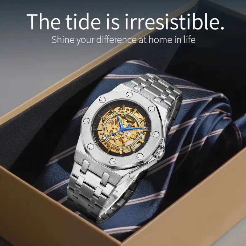 LONGLUX silver automatic skeleton watch with white transparent dial
