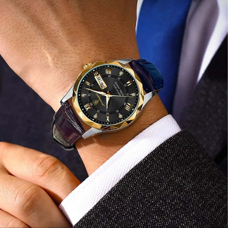 POEDAGAR luxury leather watch with black dial and gold accents