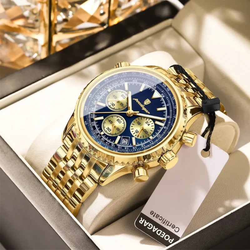 POEDAGAR men's gold-tone chronograph watch with luminous blue dial and polished metal bracelet

