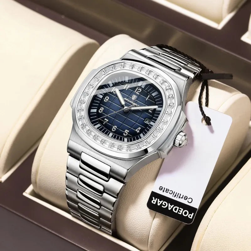 Silver square watch with blue dial and full calendar by POEDAGAR