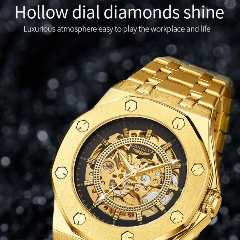 Gold LONGLUX self-winding men’s watch with full skeleton design