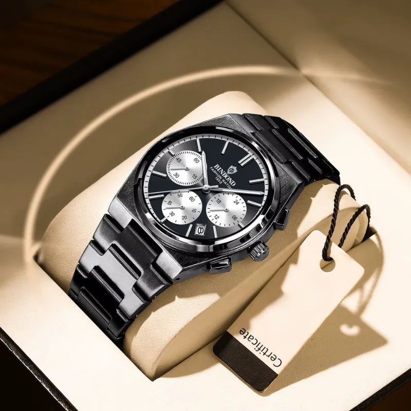 BINBOND B203 men’s chronograph watch in stainless steel, stopwatch, and full calendar