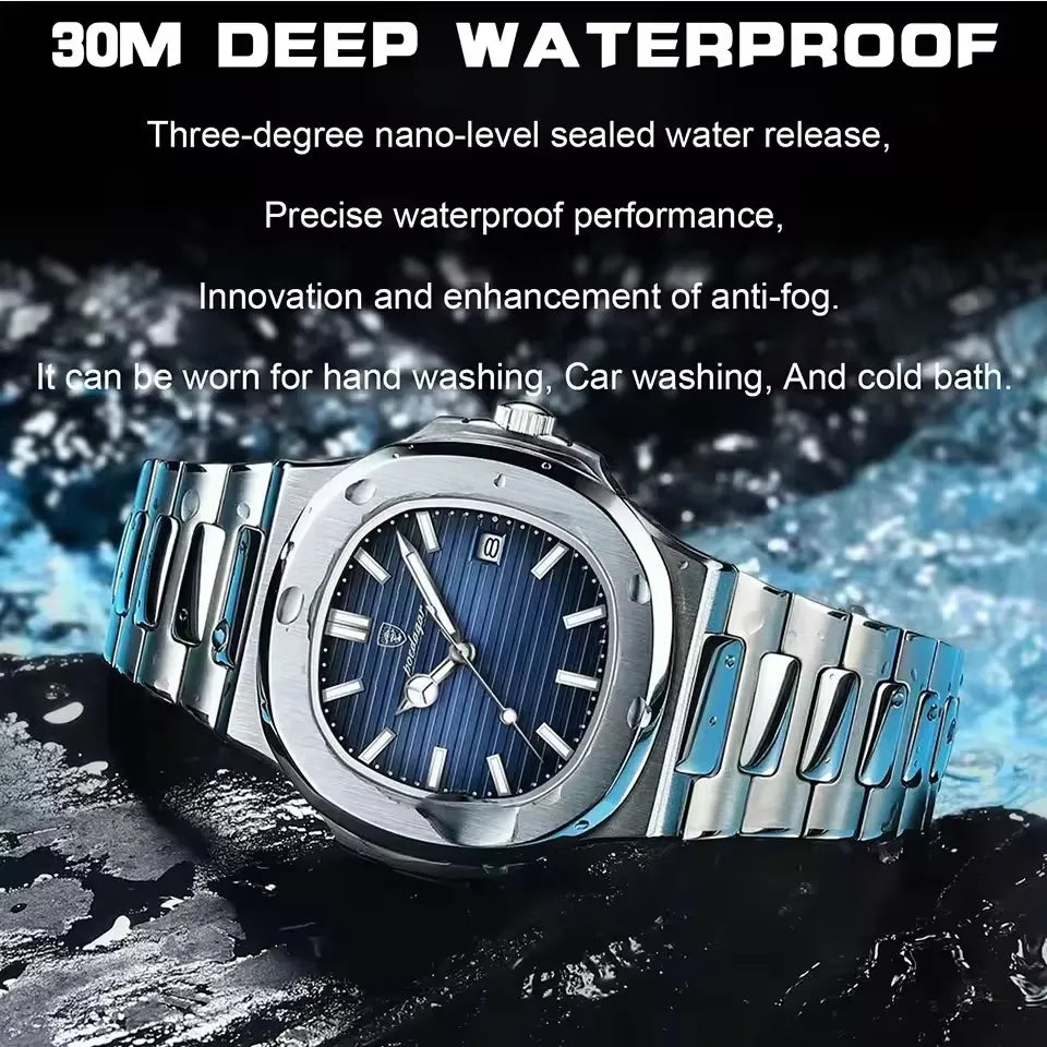 POEDAGAR stainless steel men’s watch with blue dial and date window