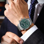 POEDAGAR men's silver chronograph watch with deep blue dial, stainless steel bracelet and luminous markers