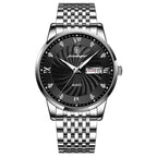 Full silver POEDAGAR 9310 men’s business watch with black dial and luminous hands