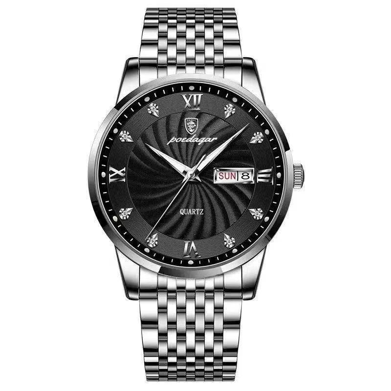 Full silver POEDAGAR 9310 men’s business watch with black dial and luminous hands