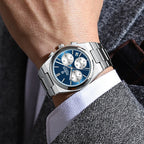 BINBOND B203 men’s chronograph watch in stainless steel, stopwatch, and full calendar