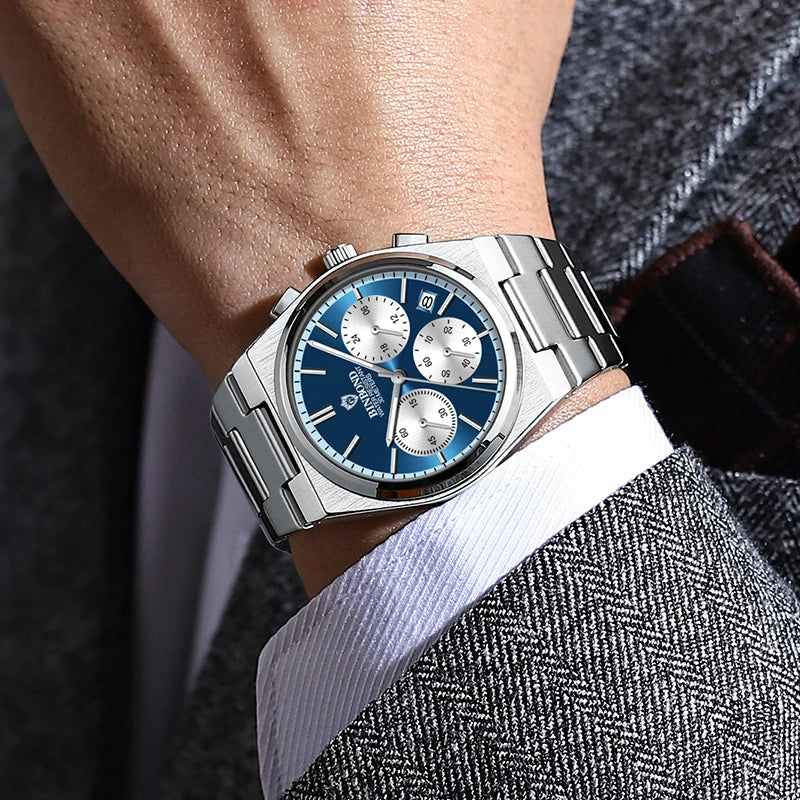 BINBOND B203 men’s chronograph watch in stainless steel, stopwatch, and full calendar