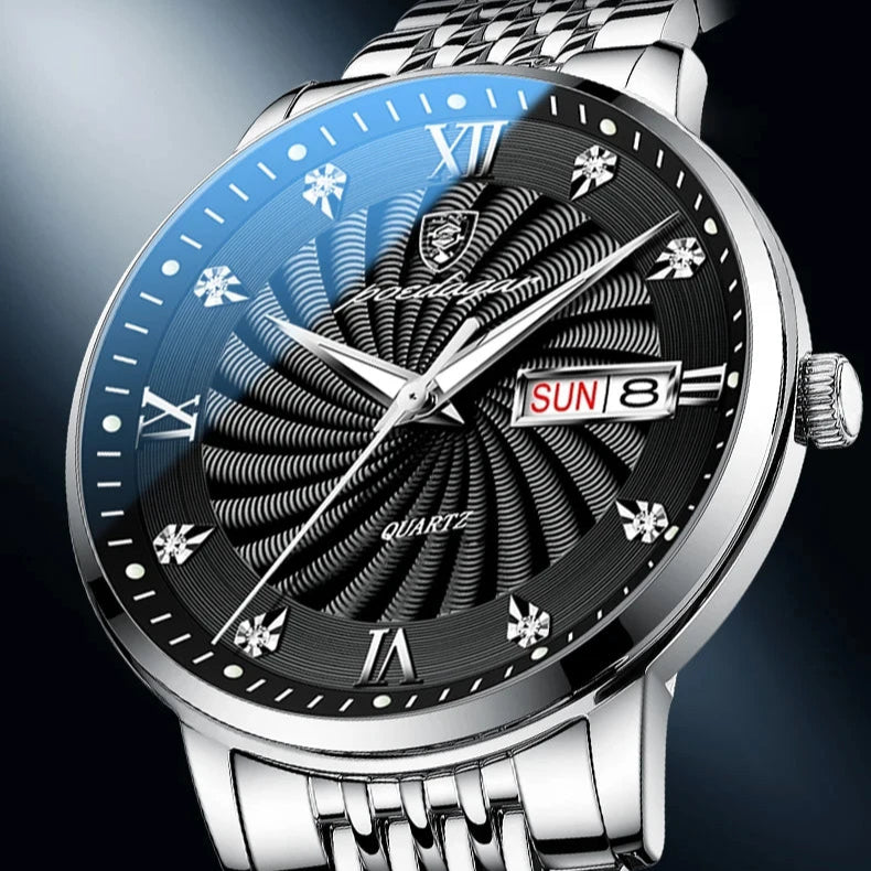 Two-tone quartz watch for men with black dial and stainless steel bracelet