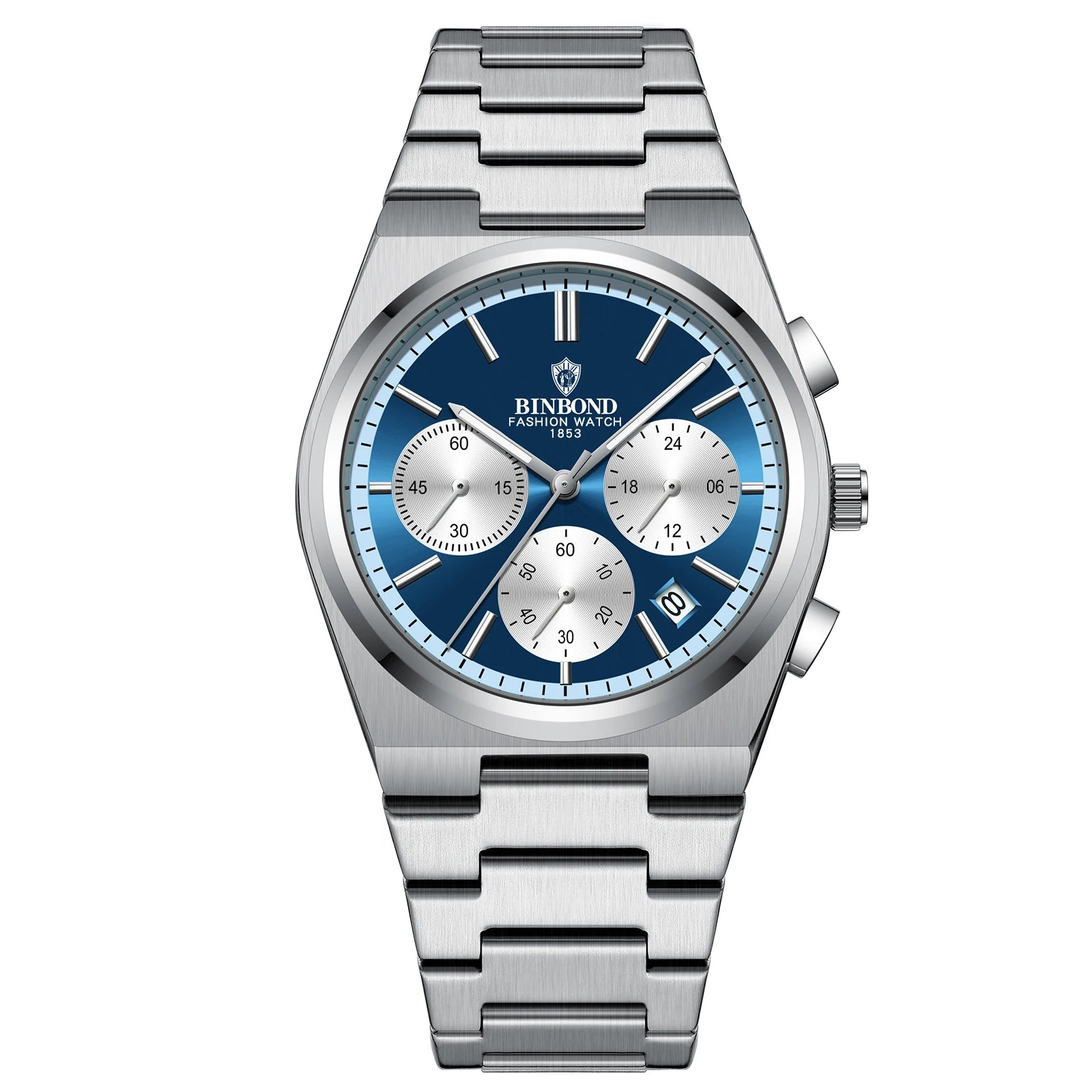 BINBOND B203 men’s chronograph watch in stainless steel, stopwatch, and full calendar