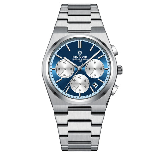 BINBOND B203 men’s chronograph watch in stainless steel, stopwatch, and full calendar