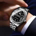 BINBOND B7012 silver men’s watch with black dial and day-date display