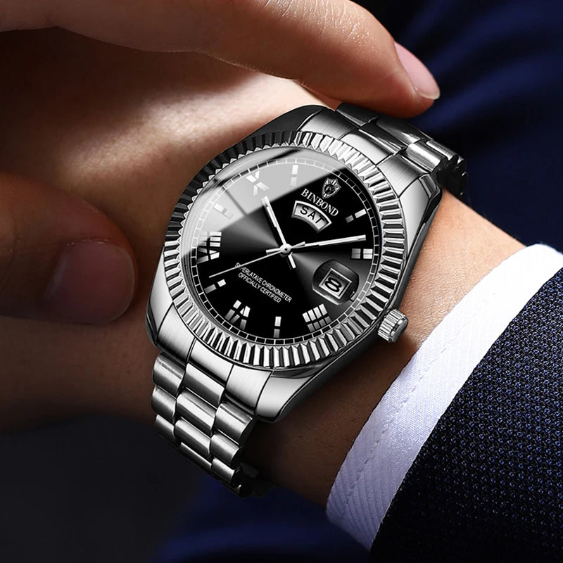 BINBOND B7012 silver men’s watch with black dial and day-date display