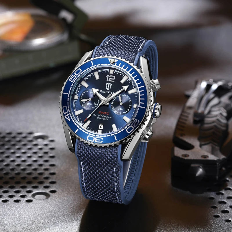 QINGXIYA DeepTrek – Men’s Chronograph Silicone Watch with Calendar